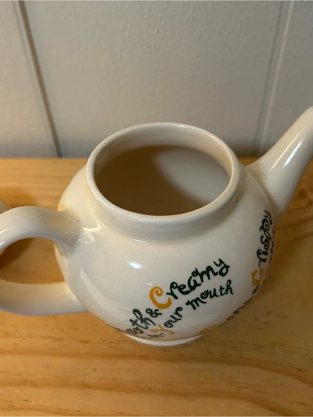 Vintage Mister Donut Fish Ceramic Teapot with Brown Accents and Playful Script